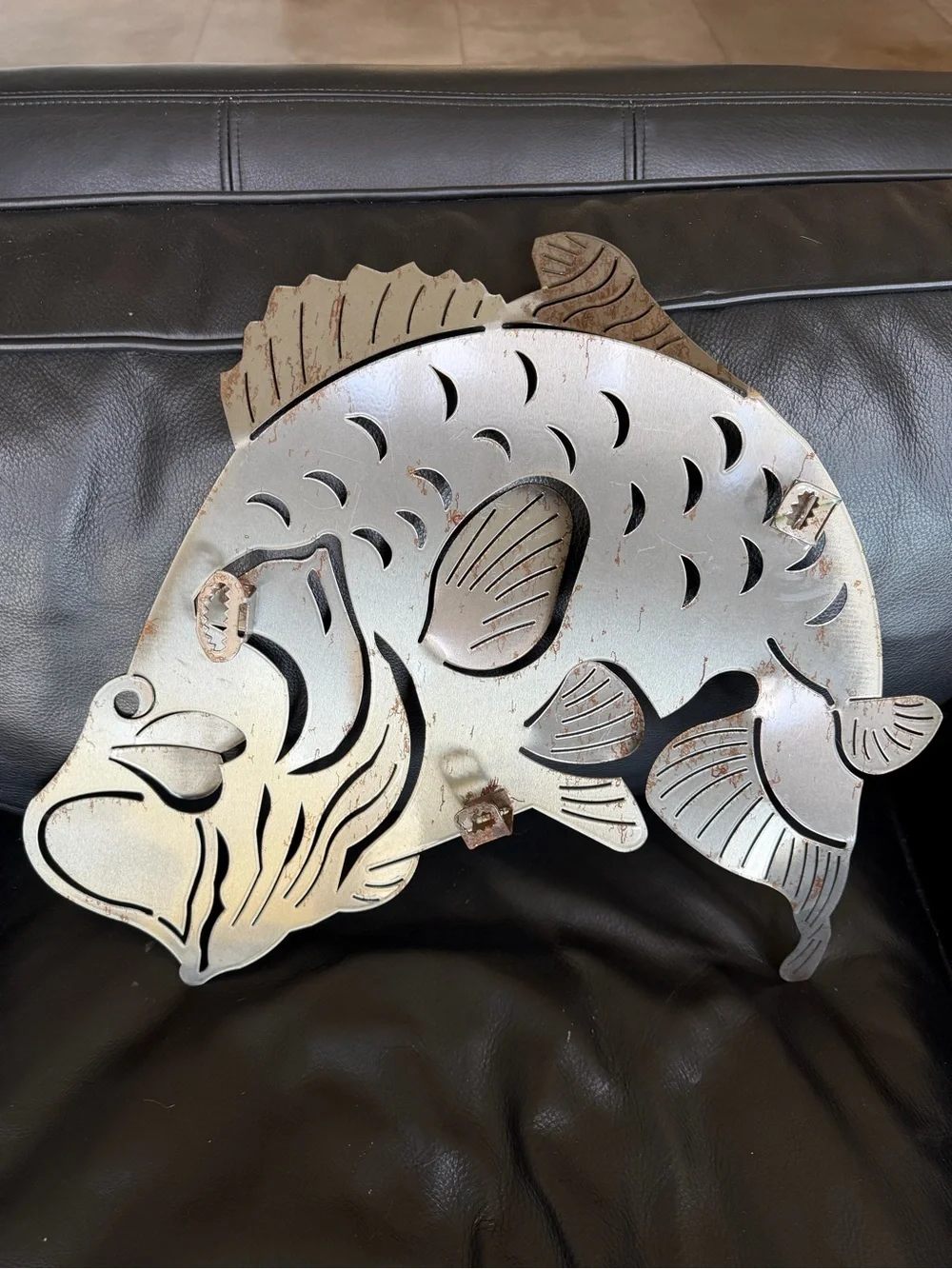 3D Cut Steel Bass Fish Wall Art - Green Yellow Metal Fish Sculpture